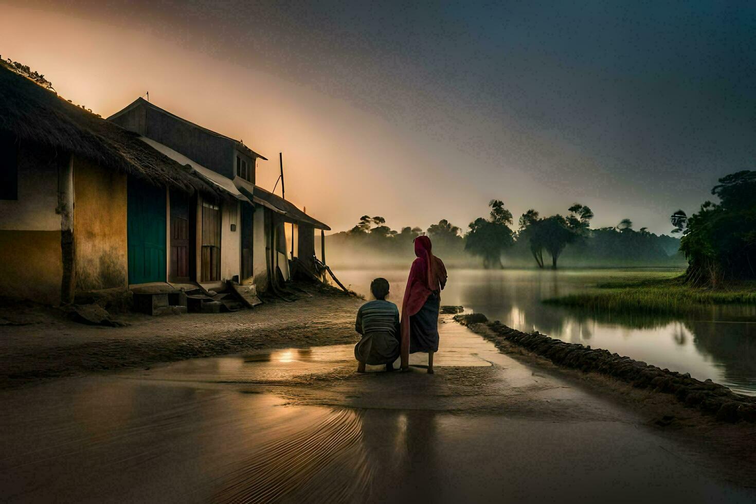 two people walk along a road in front of a village. AI-Generated photo
