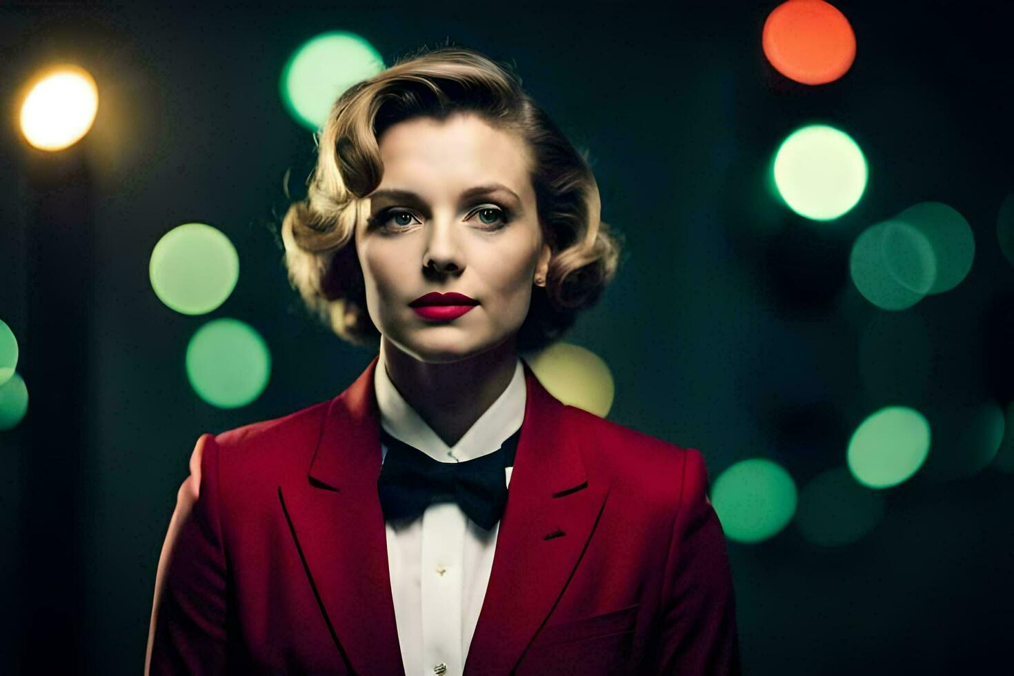 a woman in a red suit and bow tie. AI-Generated photo