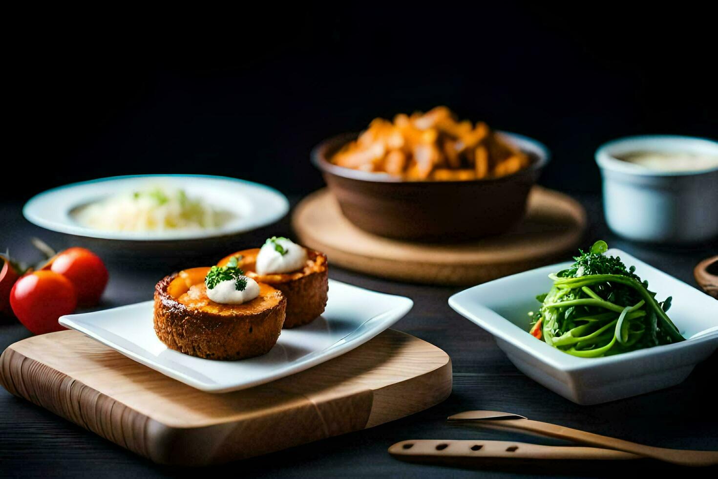 a table with food and bowls of food. AI-Generated photo