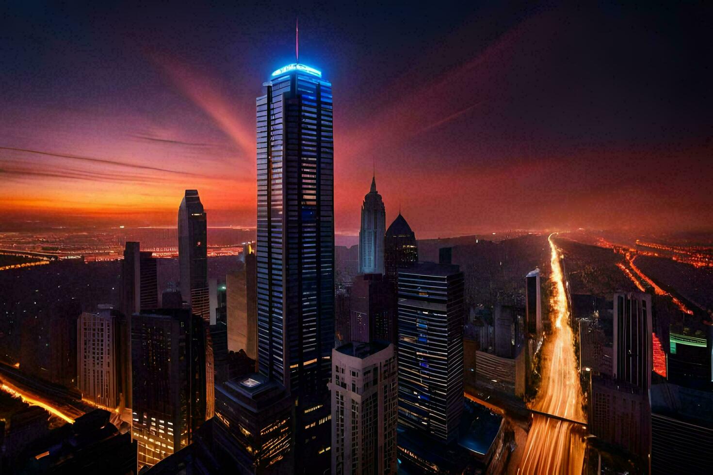 the city skyline at night with a blue light. AI-Generated photo