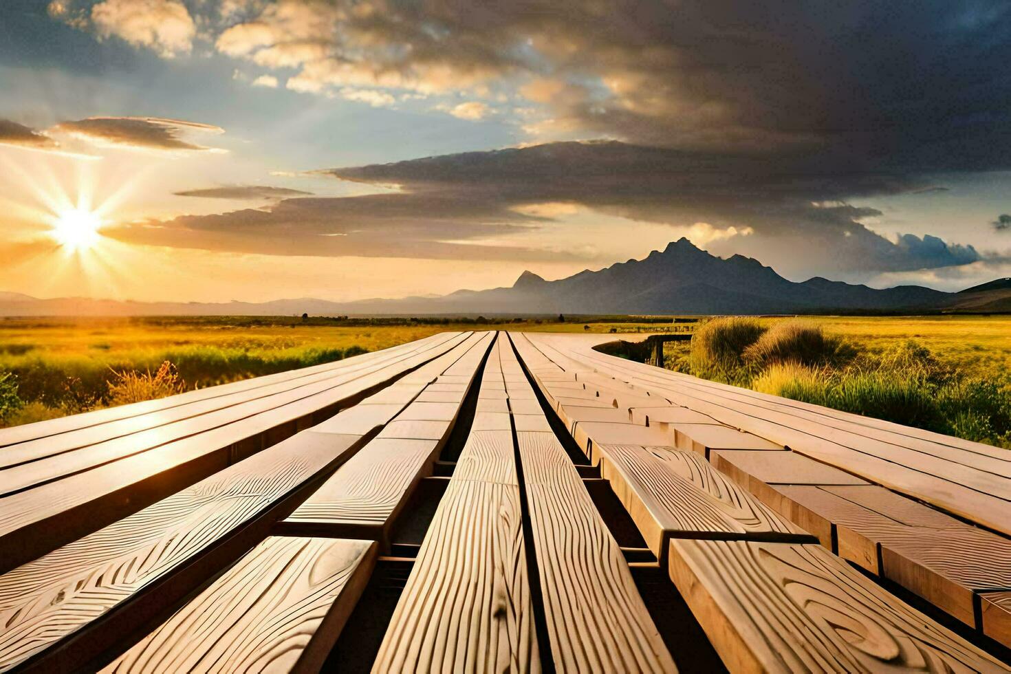 a wooden walkway leads to the mountains at sunset. AI-Generated photo