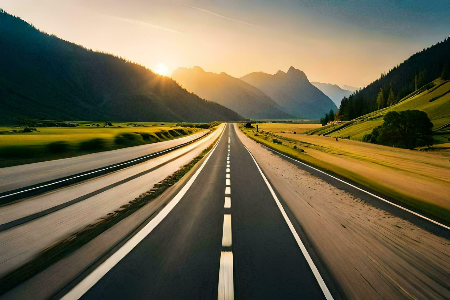 un largo la carretera con el Dom ajuste en el distancia. generado por ai foto