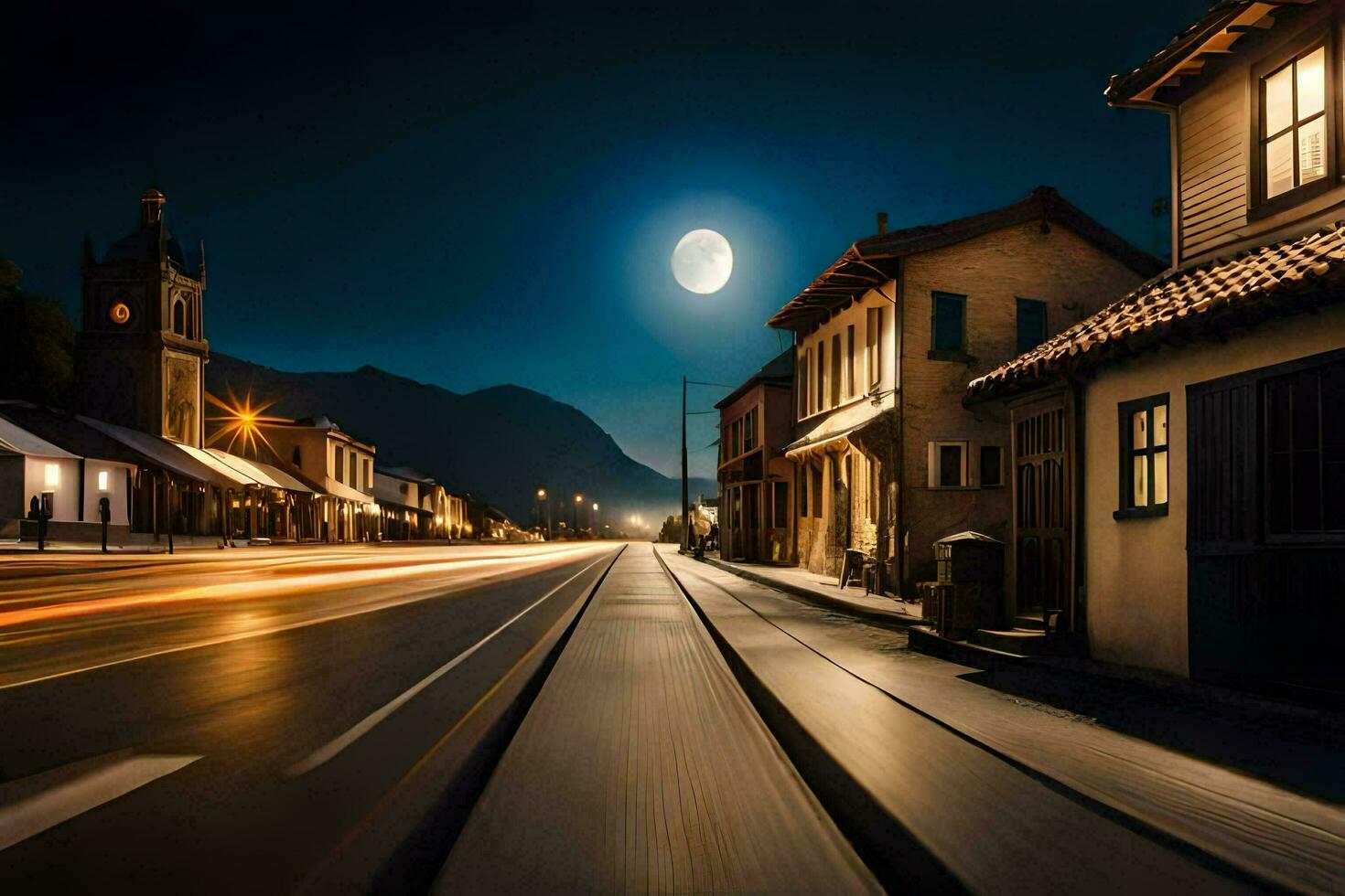 un calle a noche con un lleno Luna en el cielo. generado por ai foto