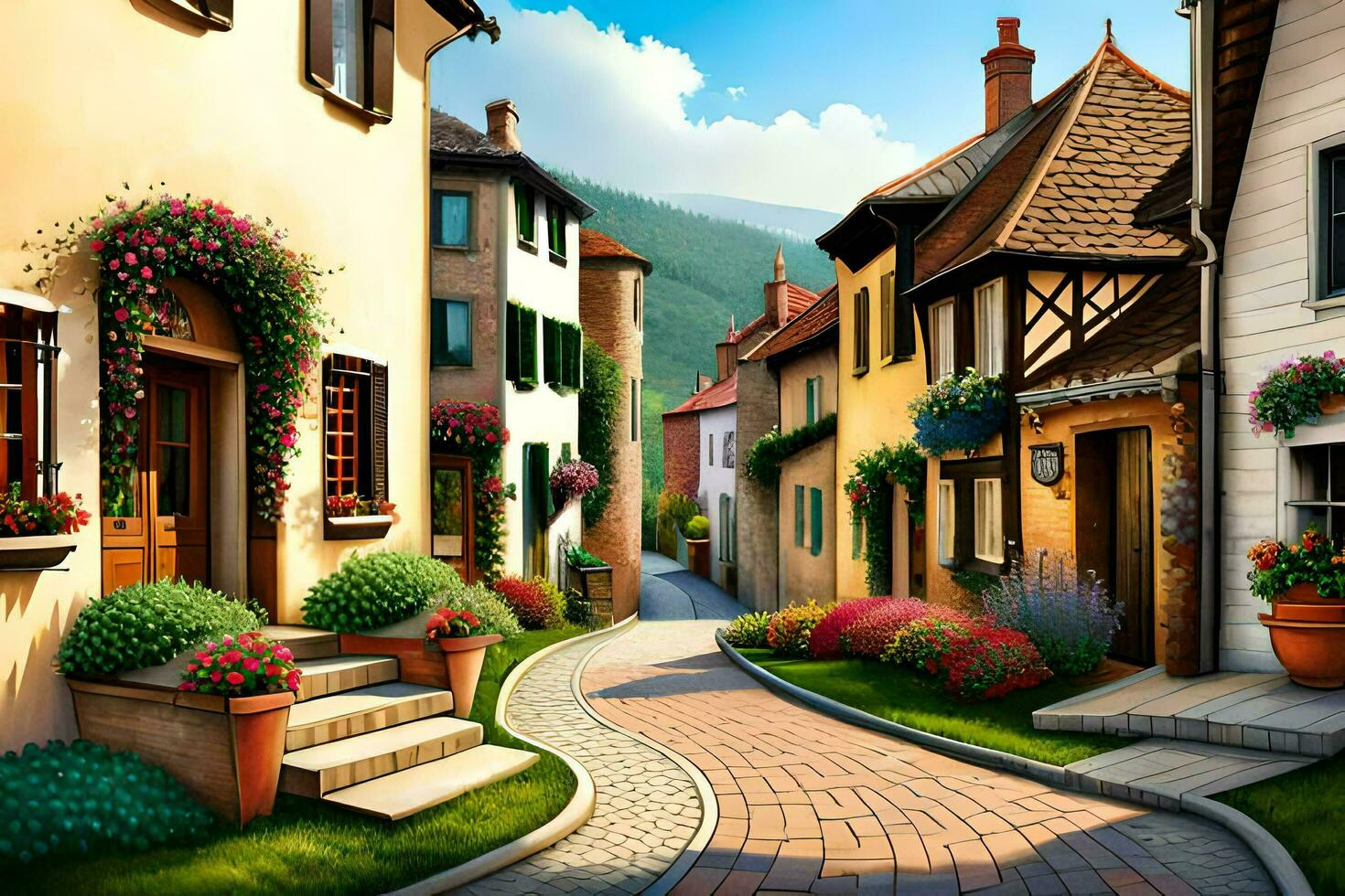 a street in the village with flowers and plants. AI-Generated photo