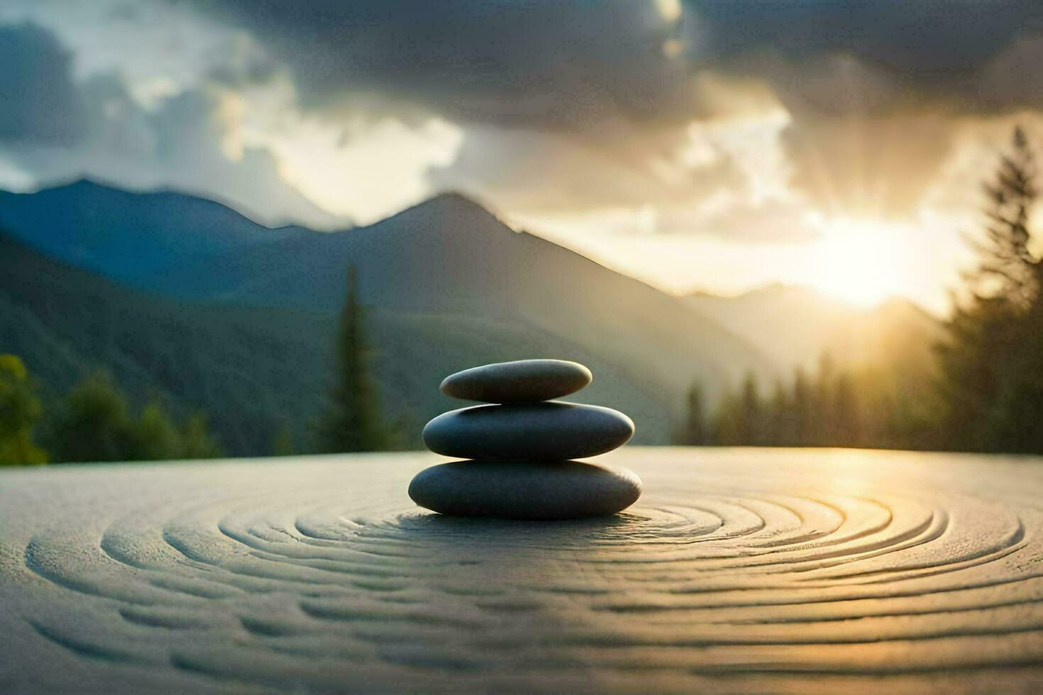 stacked stones on a table in front of a mountain. AI-Generated photo