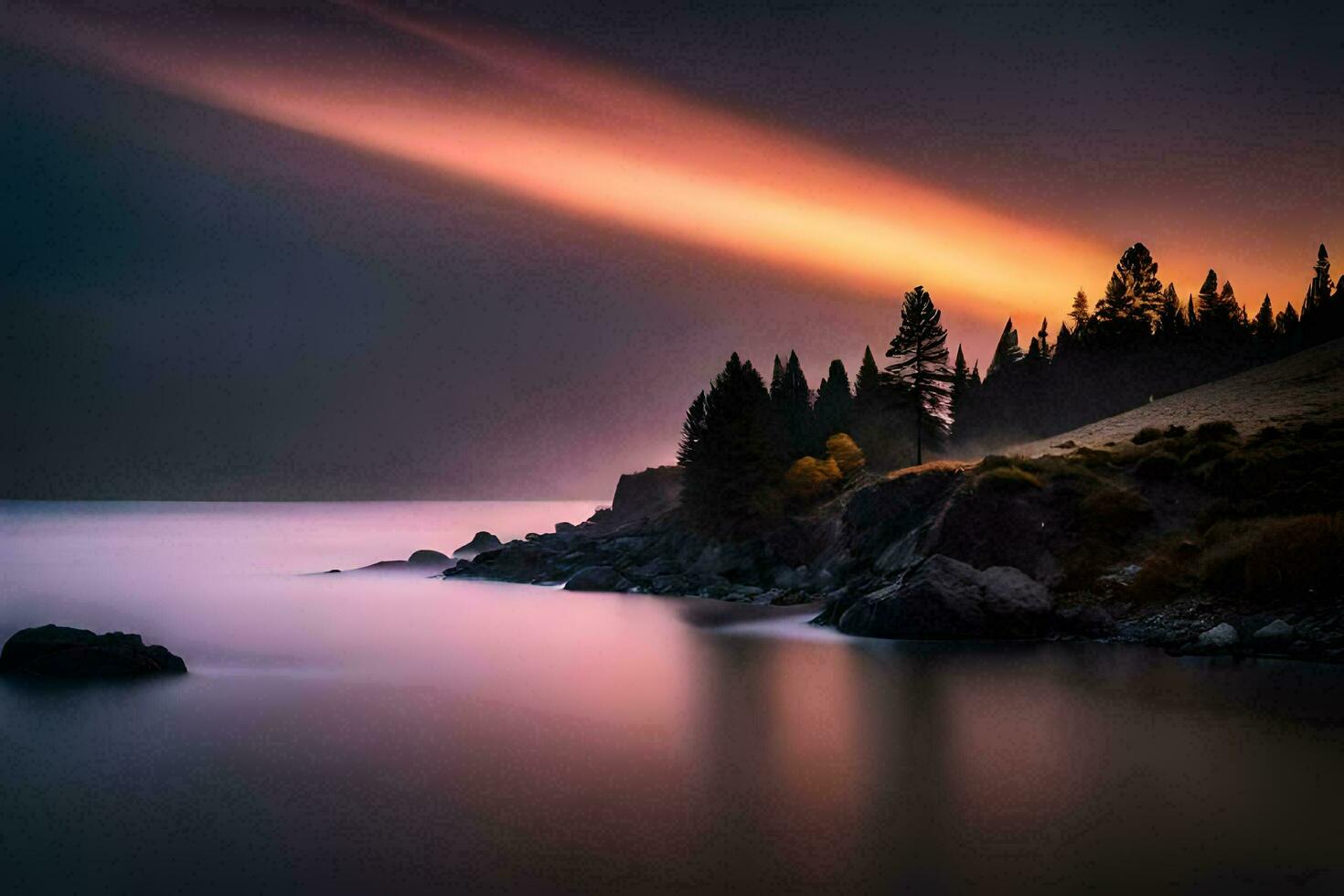 a beautiful sunset over the water with trees and rocks. AI-Generated photo