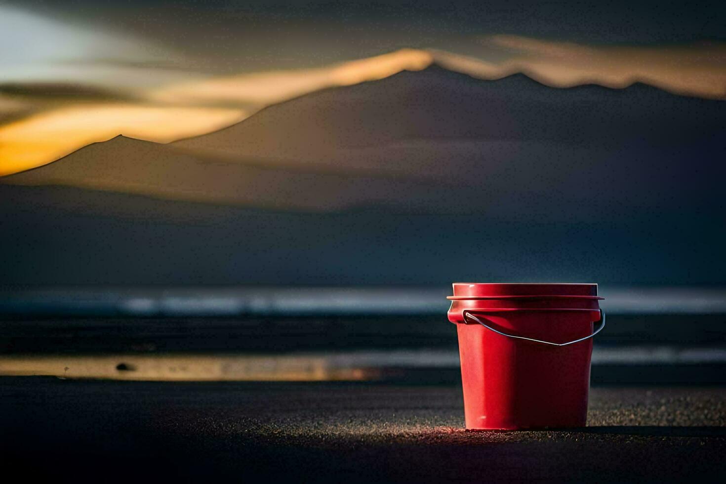 a red bucket sits on the beach with mountains in the background. AI-Generated photo