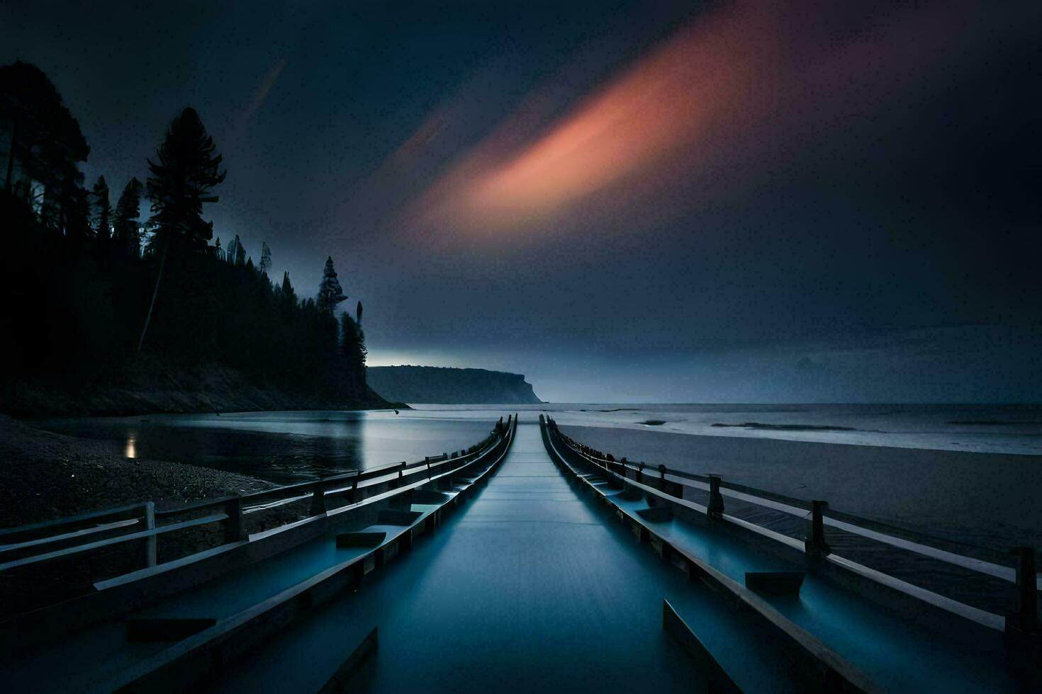 a long pier with a dark sky and a beach. AI-Generated photo