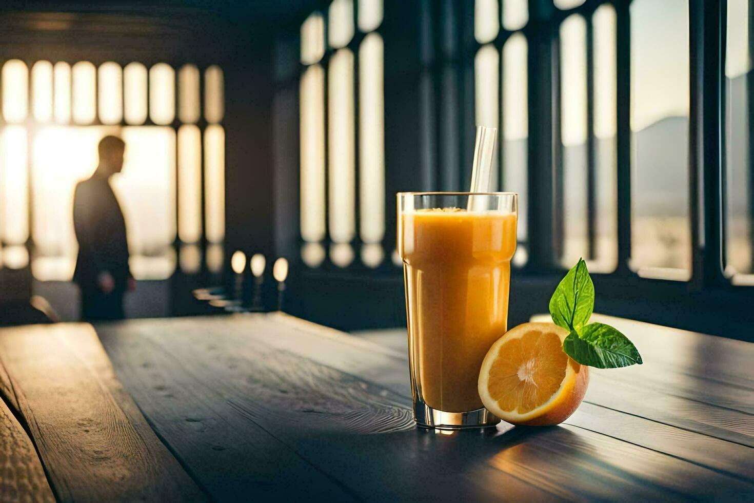 a glass of orange juice on a table in front of a man. AI-Generated photo