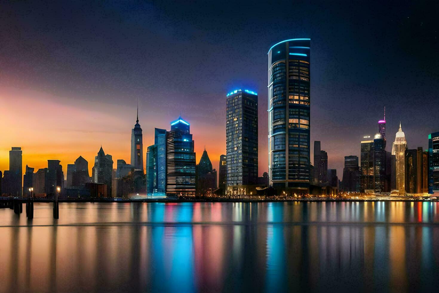 the city skyline at night with the lights reflecting in the water. AI-Generated photo