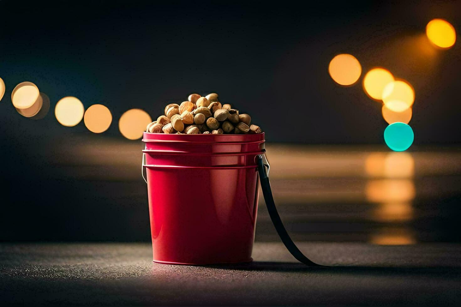 a bucket of popcorn on a table with lights in the background. AI-Generated photo