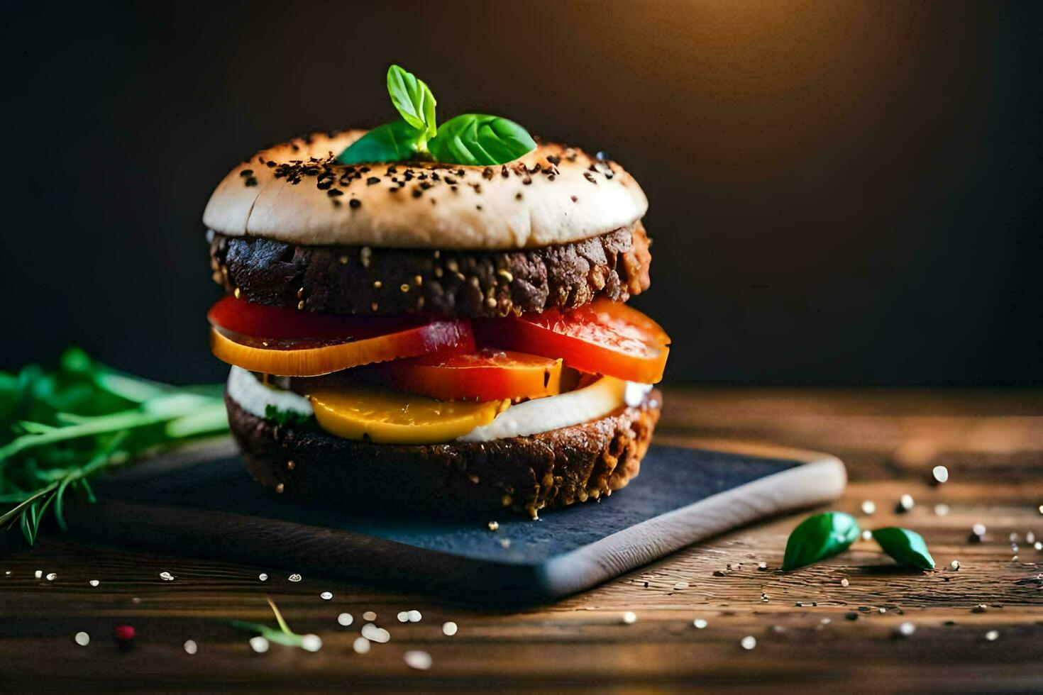 a hamburger with vegetables and herbs on a wooden board. AI-Generated photo