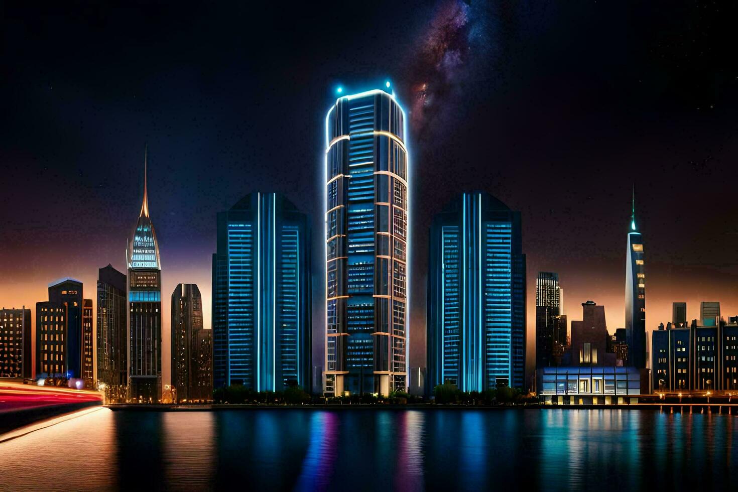 the city skyline at night with a bright light shining on it. AI-Generated photo