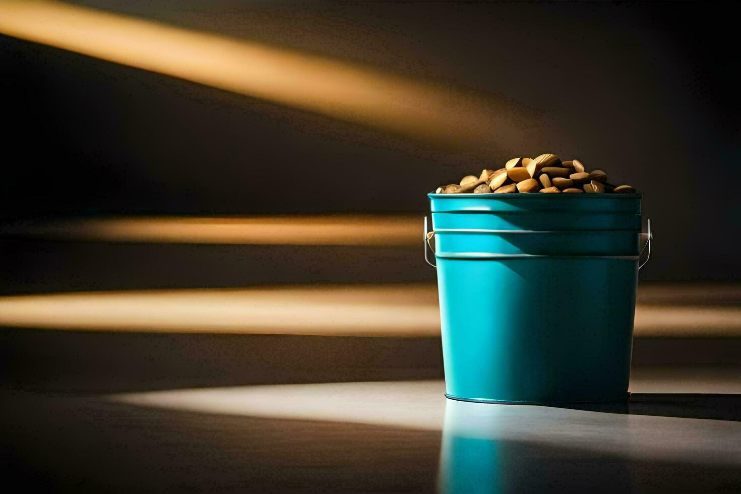 a bucket of peanuts on a table. AI-Generated photo