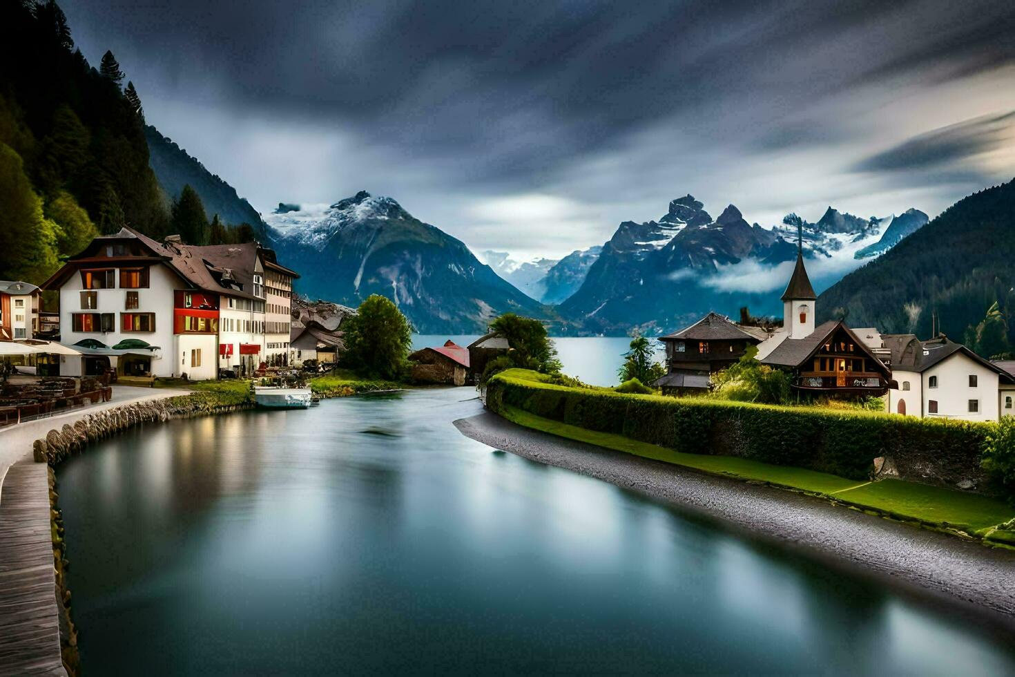 a river runs through a town in the mountains. AI-Generated photo