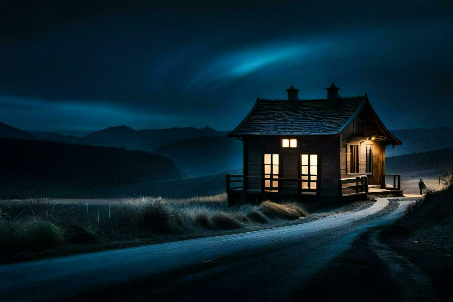 a small house sits on the side of a road at night. AI-Generated photo