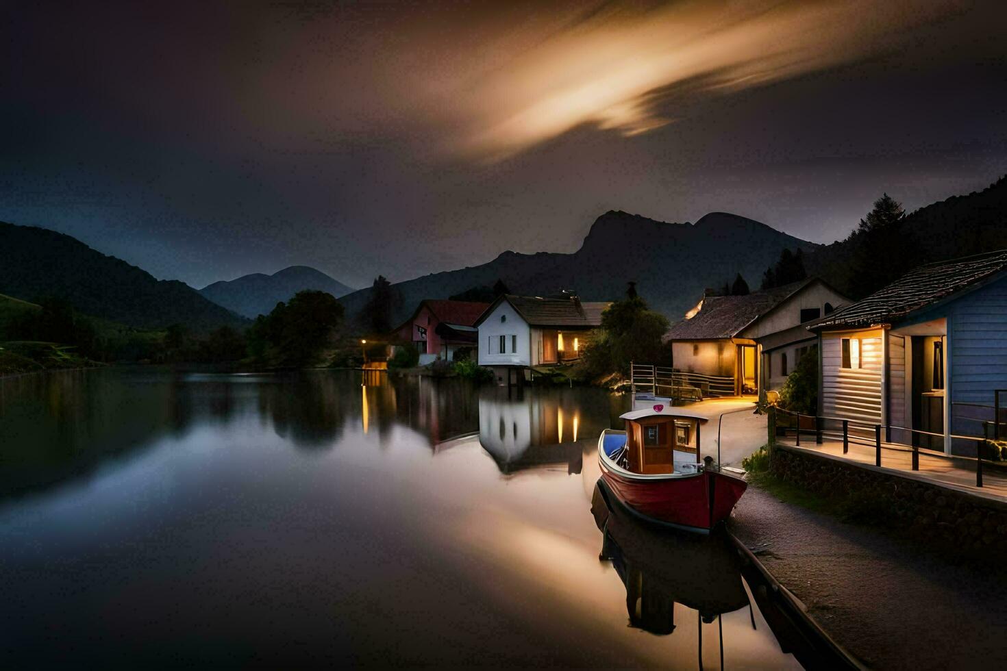 un barco se sienta en el agua a noche con casas en el antecedentes. generado por ai foto