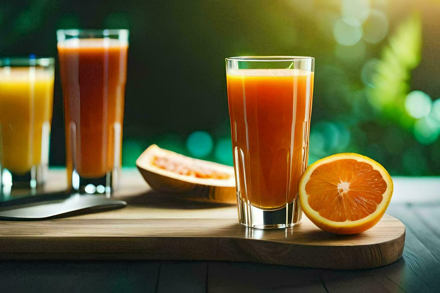 orange juice and orange slices on a wooden table. AI-Generated photo