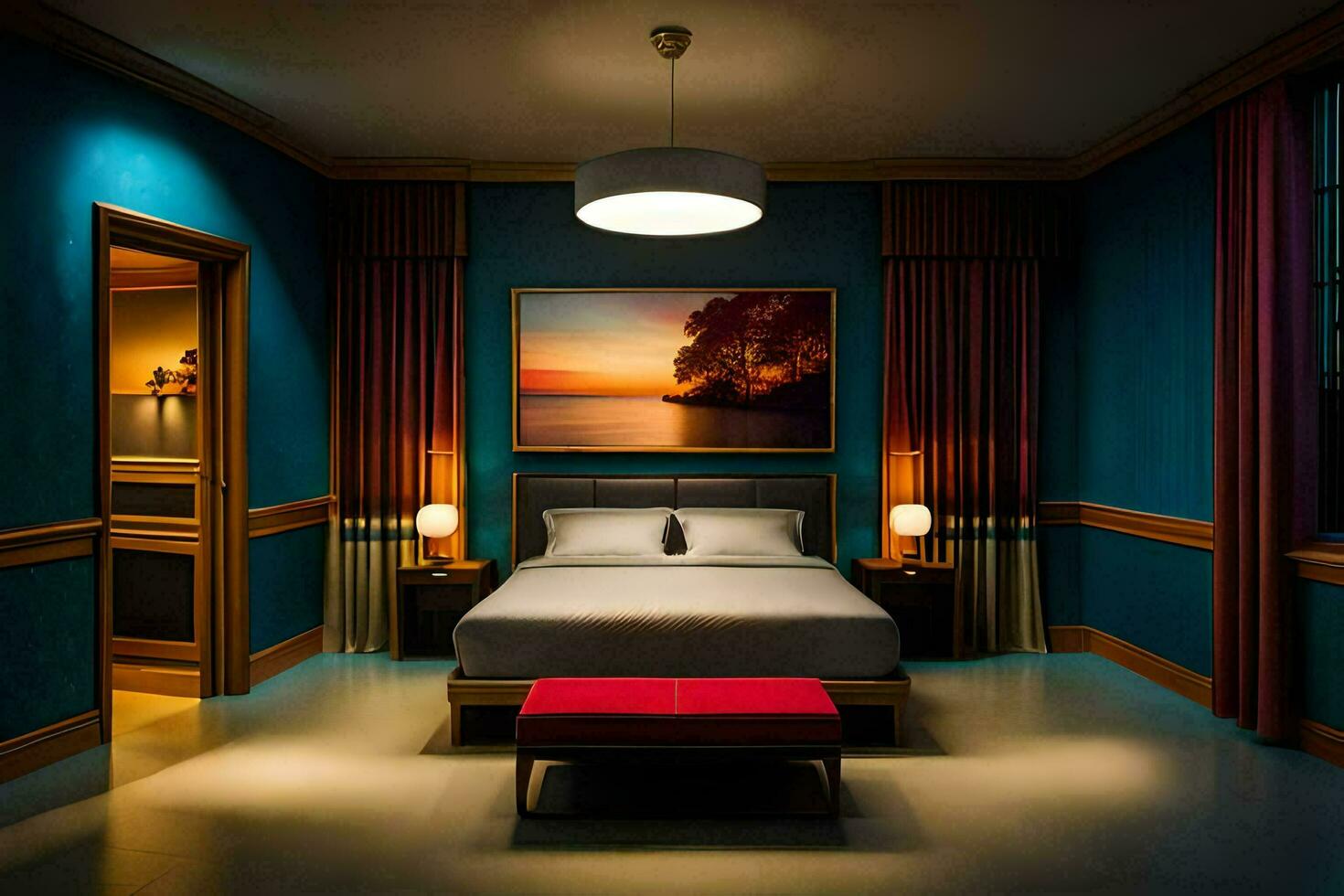 a bedroom with blue walls and a red ottoman. AI-Generated photo