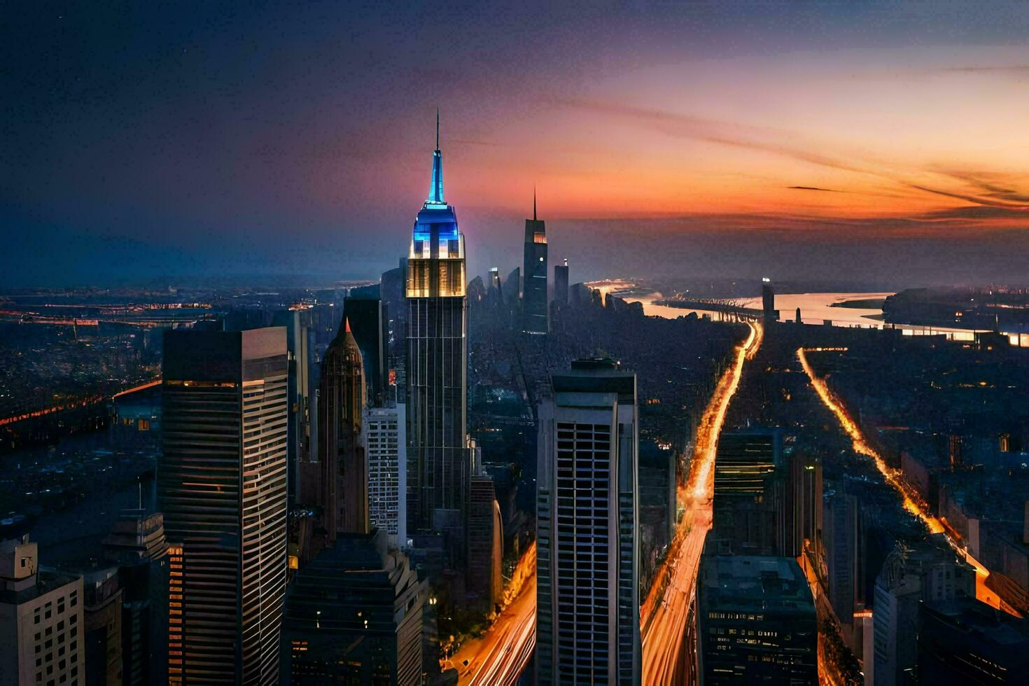 the empire state building is seen at sunset. AI-Generated photo