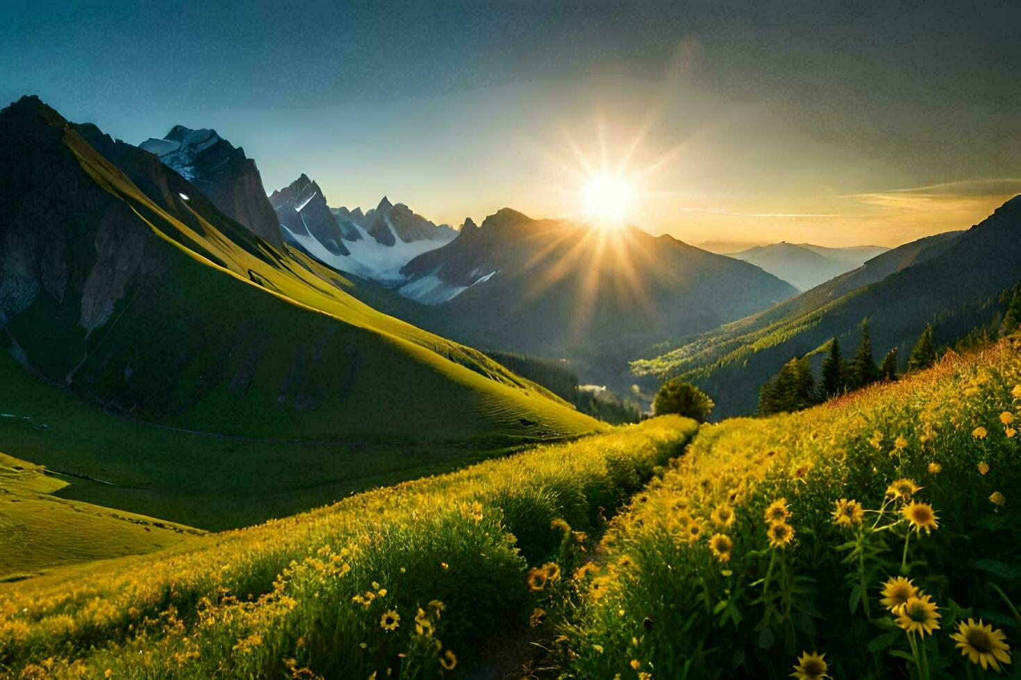 sunrise over the mountains with flowers and grass. AI-Generated photo