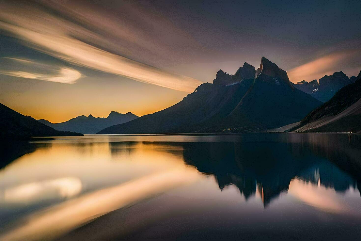 the mountains are reflected in the water at sunset. AI-Generated photo
