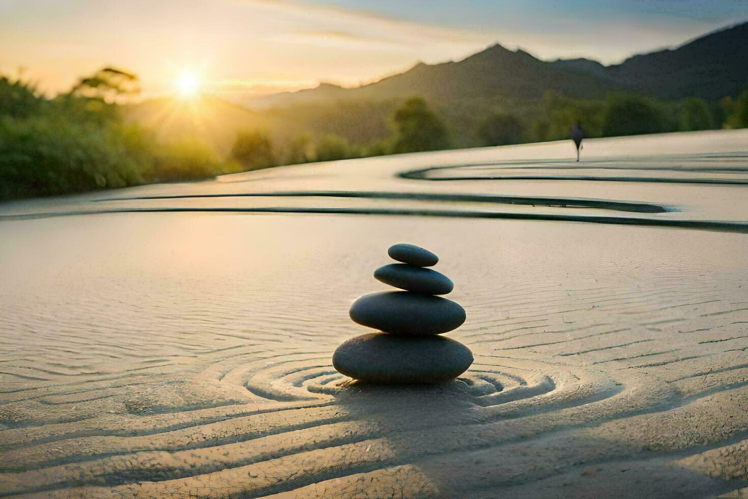a stack of rocks in the sand at sunset. AI-Generated photo