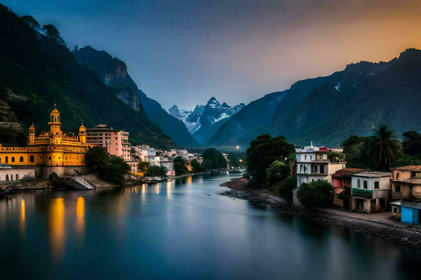 el Dom conjuntos terminado un río en el montañas. generado por ai foto