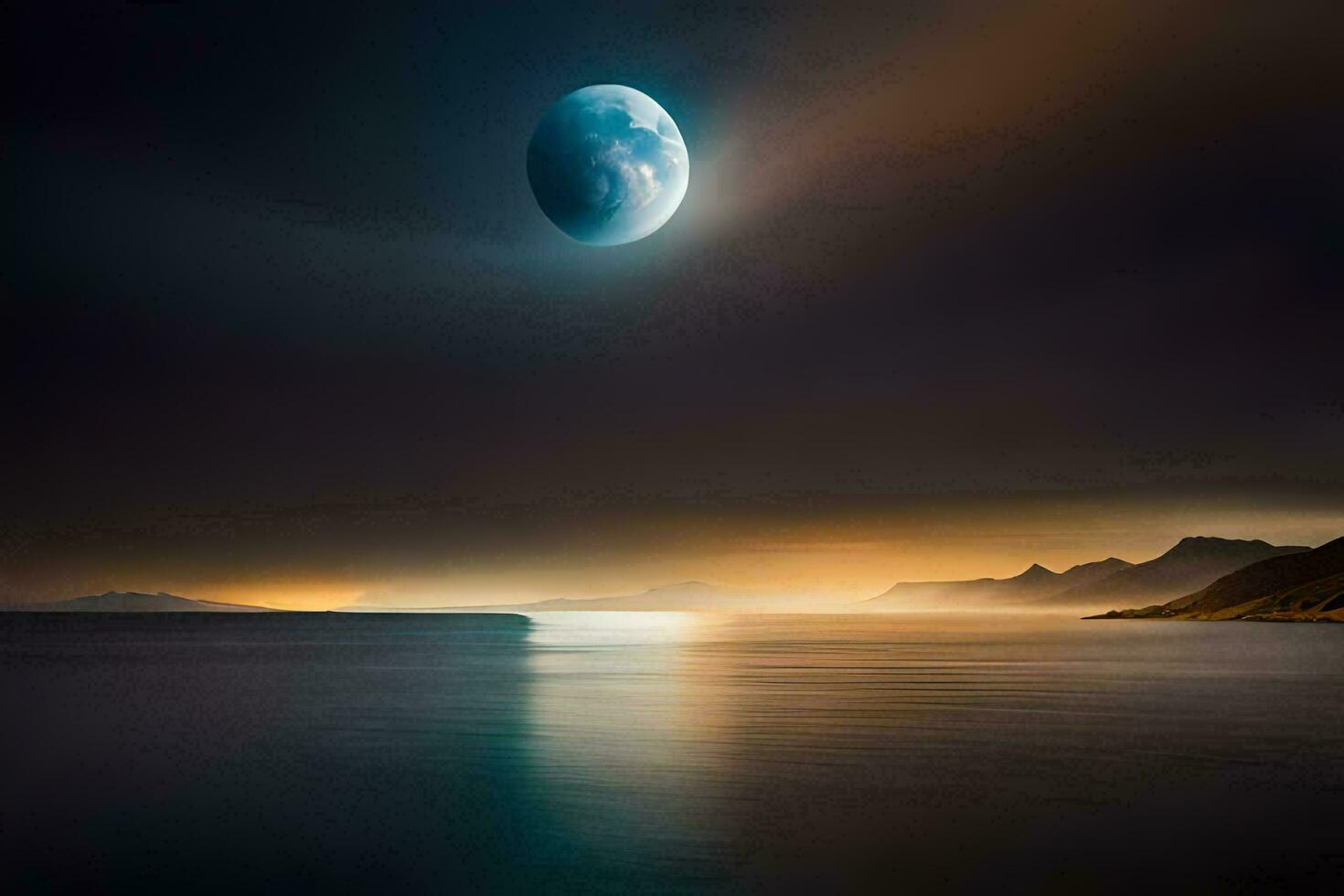 the moon is seen over the ocean in this photo. AI-Generated photo