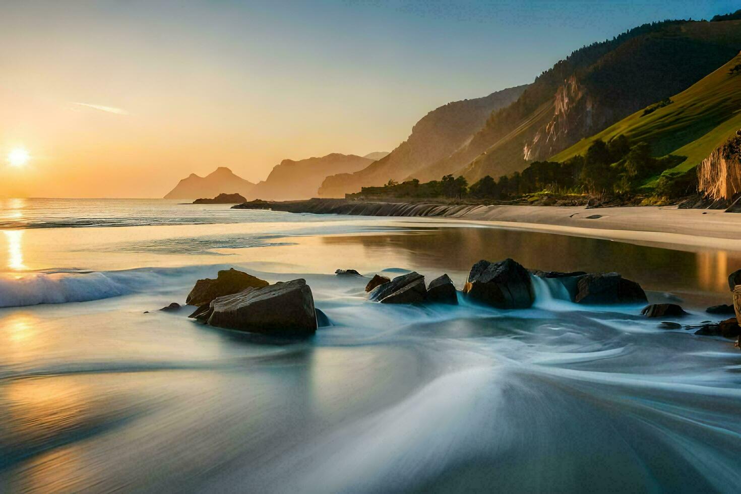 the sun sets over a beach with rocks and water. AI-Generated photo