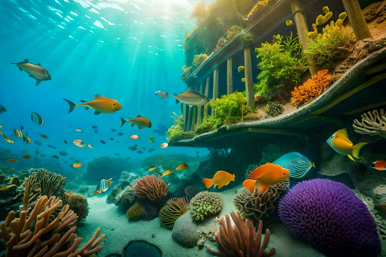 an underwater scene with coral reefs and fish. AI-Generated photo