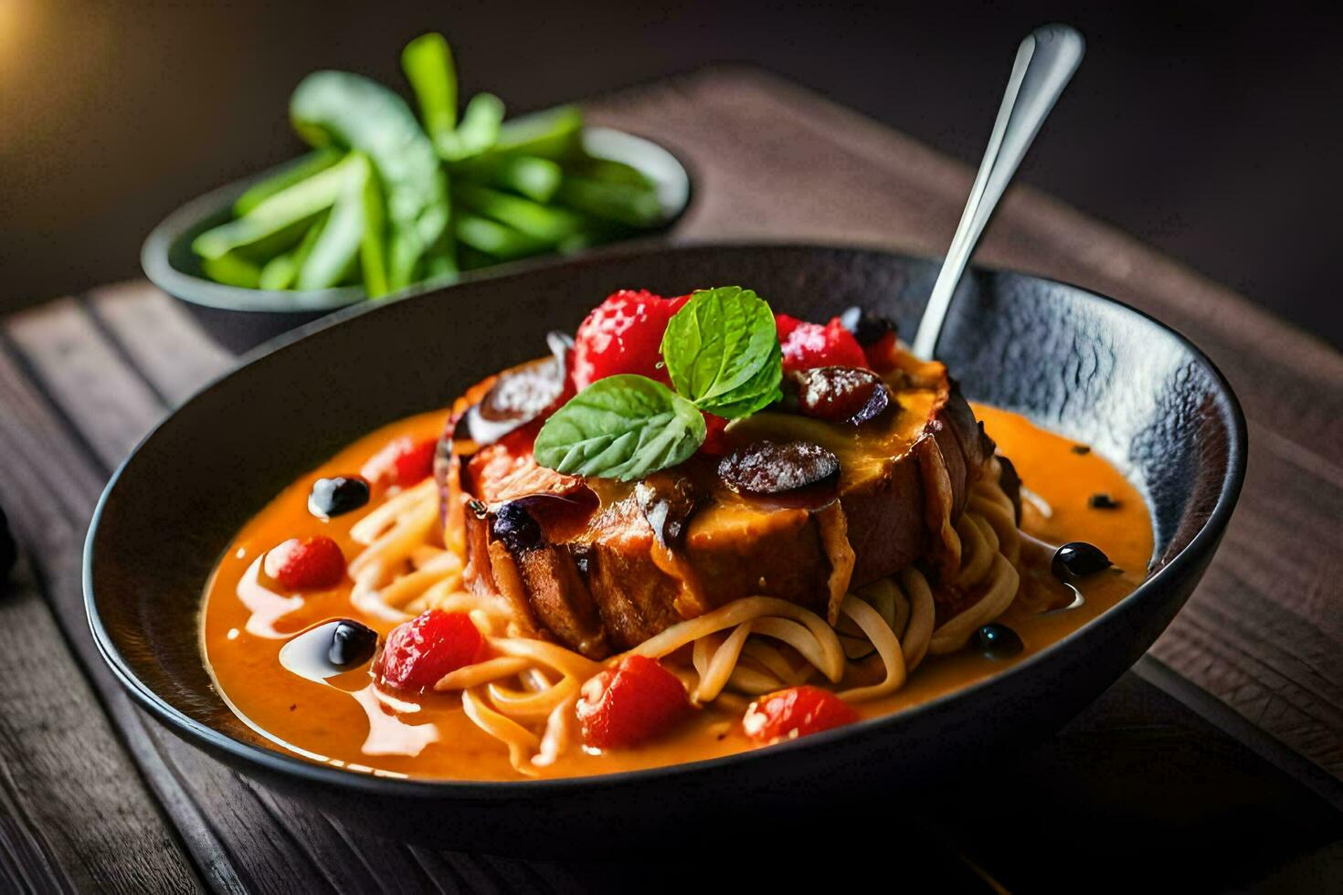 spaghetti with tomato sauce and fresh vegetables in a bowl. AI-Generated photo