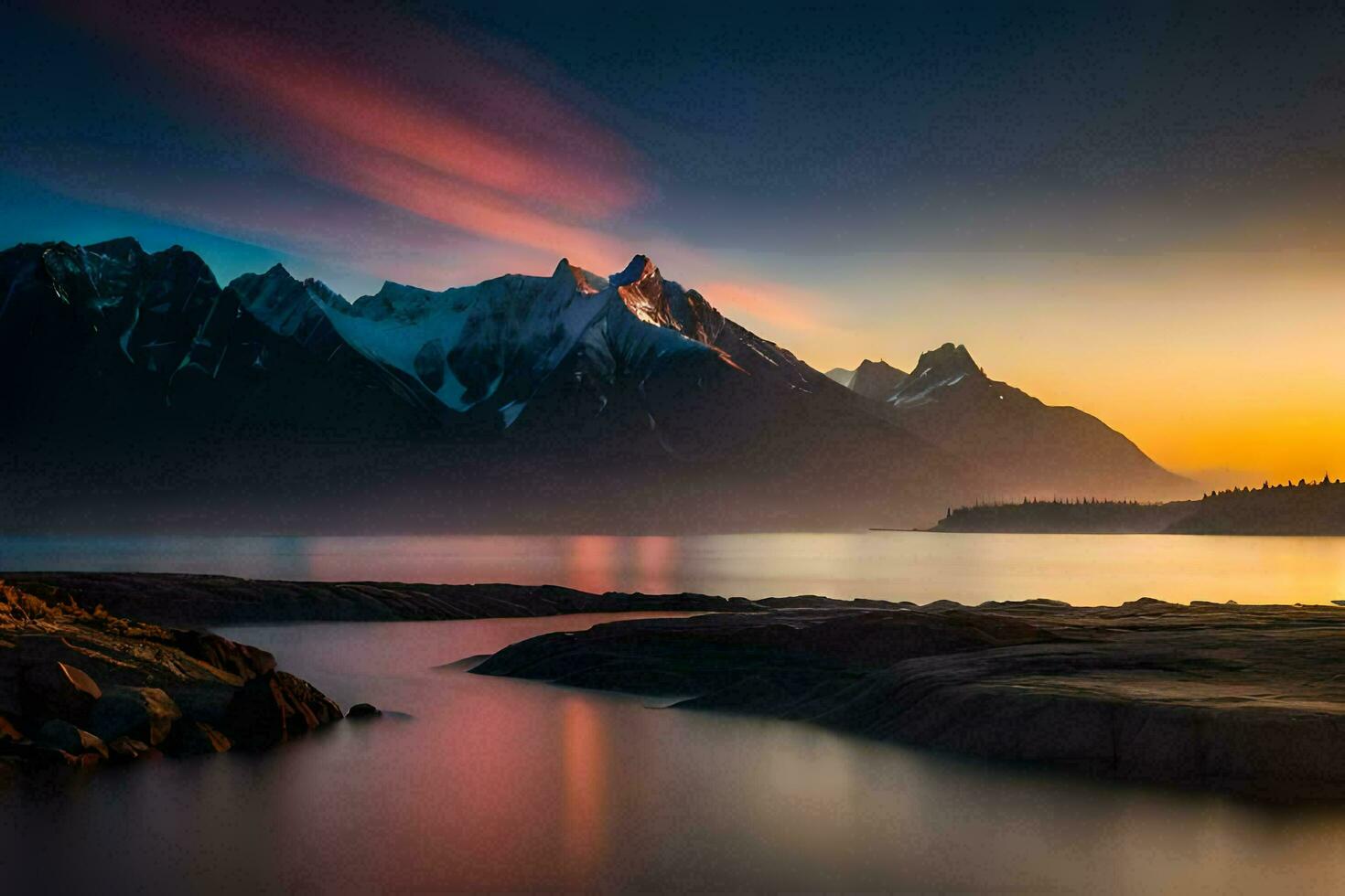 the sun rises over mountains and water. AI-Generated photo