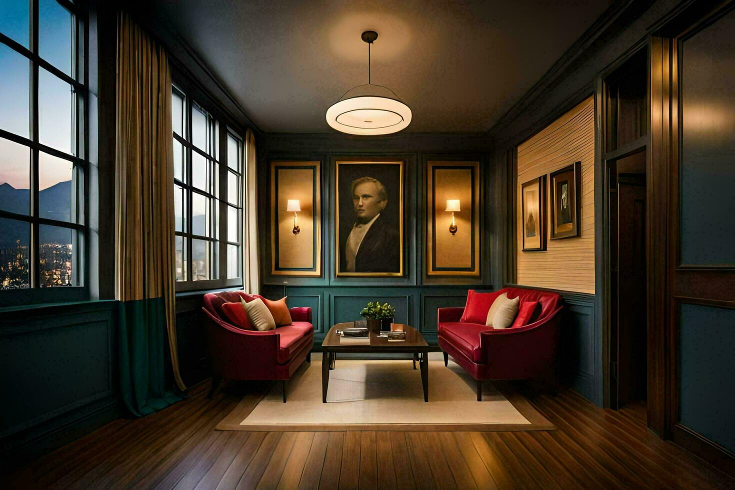 a room with two red chairs and a painting on the wall. AI-Generated photo