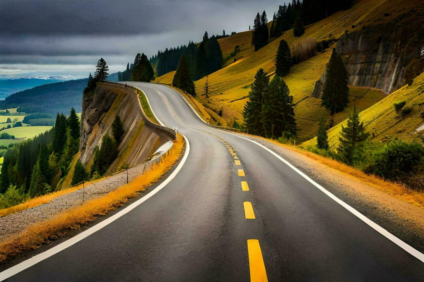 a long road with yellow lines on it. AI-Generated photo