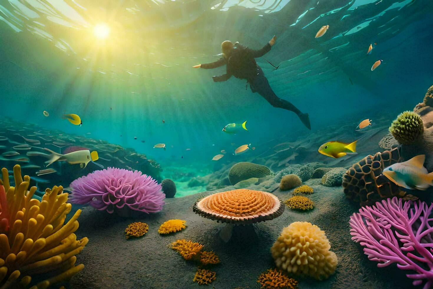 a diver swims through the coral reefs and fish. AI-Generated photo