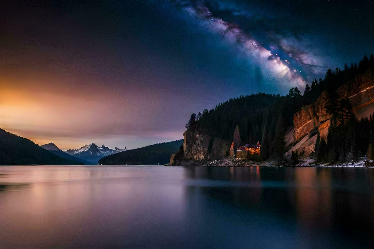 the milky shines brightly over a lake and mountains. AI-Generated photo
