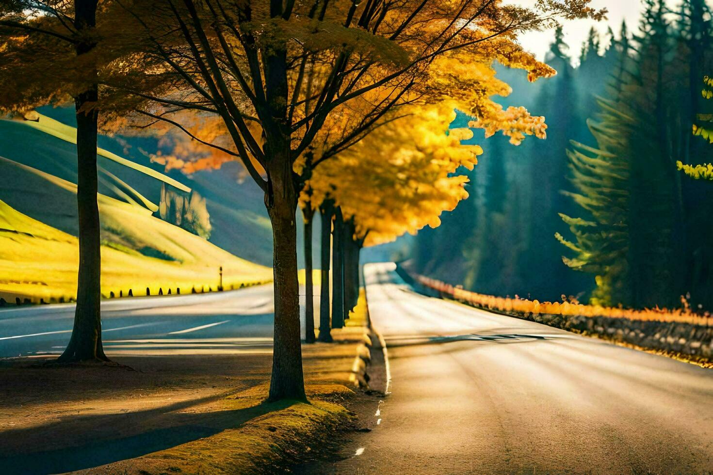 a road lined with trees in the fall. AI-Generated photo