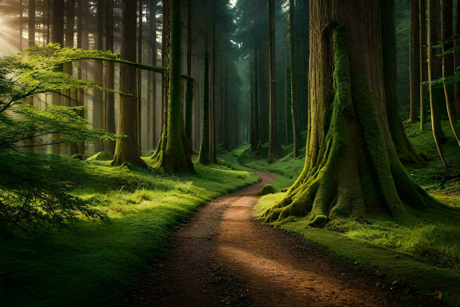 a path through a forest with trees and grass. AI-Generated photo