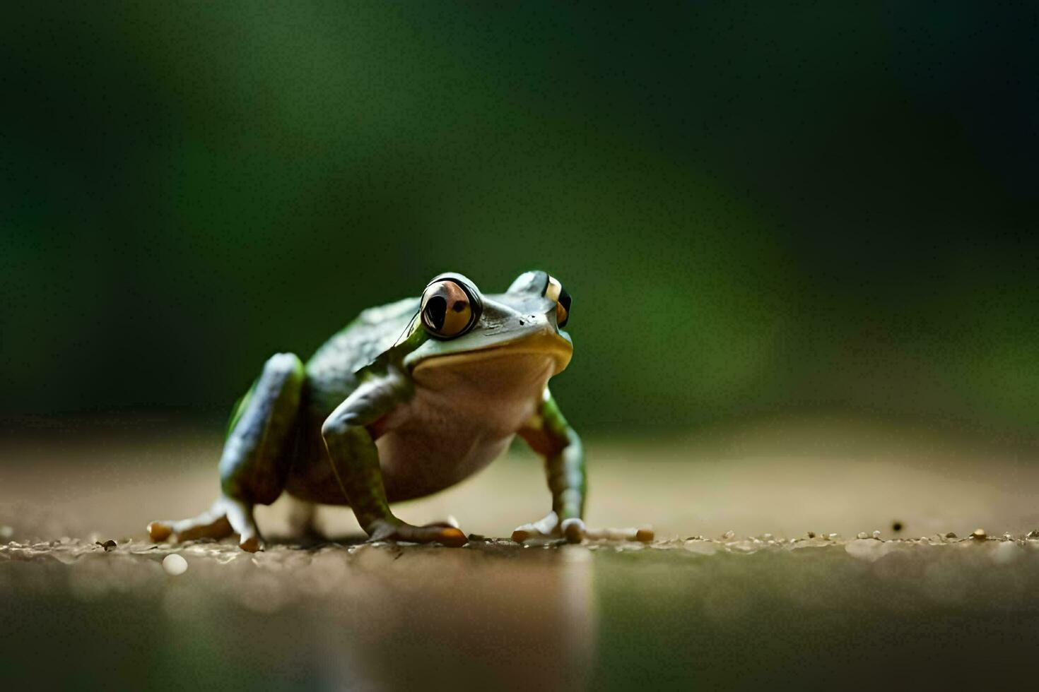 a frog is standing on the ground with a green background. AI-Generated photo