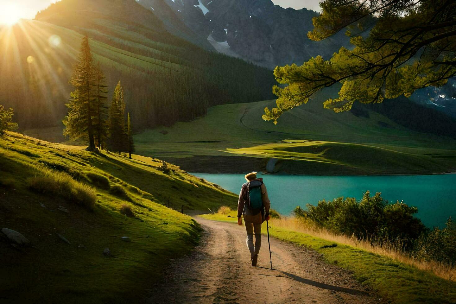 a person with a backpack walking down a path near a lake. AI-Generated photo