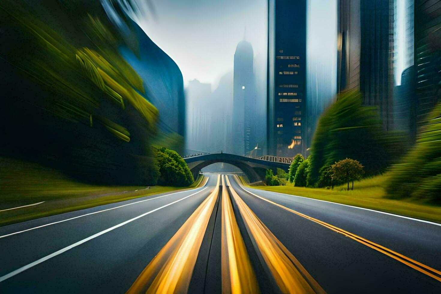 a blurry image of a city street with cars driving on it. AI-Generated photo