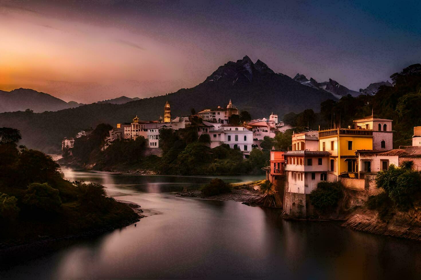 el puesta de sol terminado un río en India. generado por ai foto