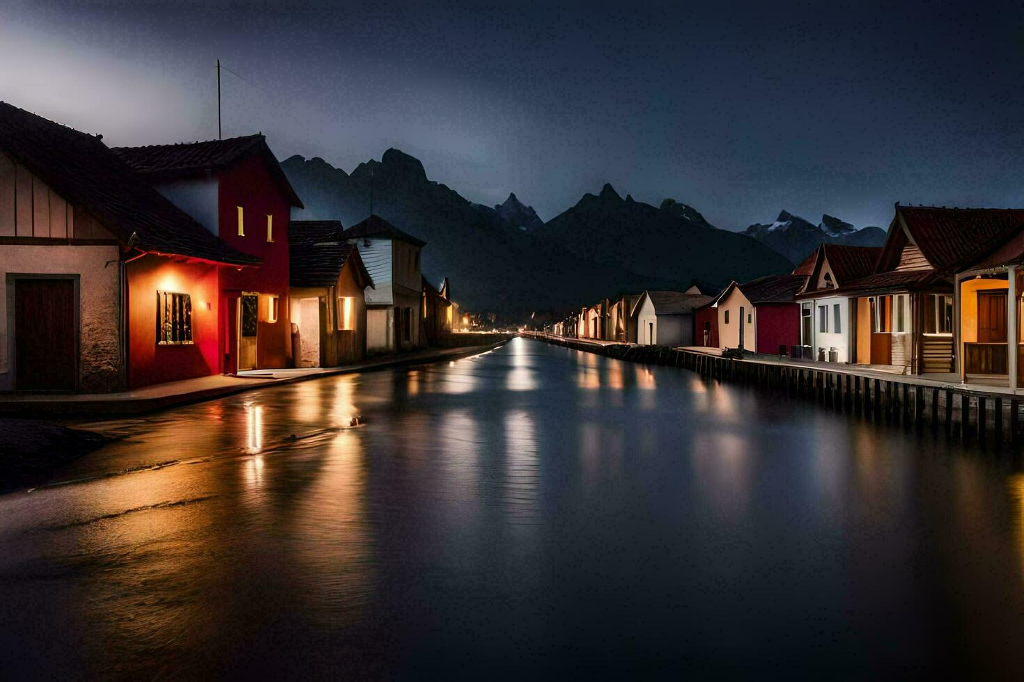 a canal in front of houses at night. AI-Generated photo