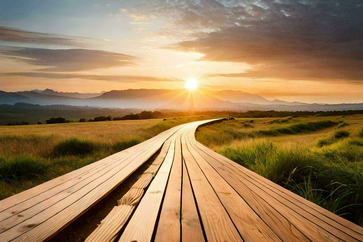 a wooden walkway leads to the sunset in the distance. AI-Generated photo