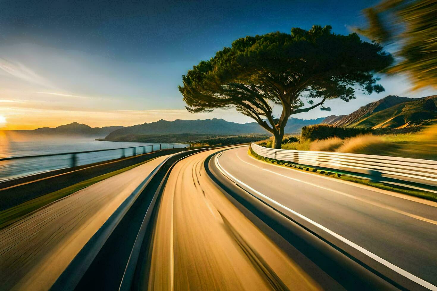 a car driving on a highway with a tree in the background. AI-Generated photo