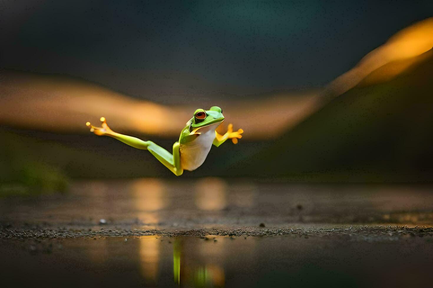 a frog jumping in the air with its legs spread. AI-Generated photo