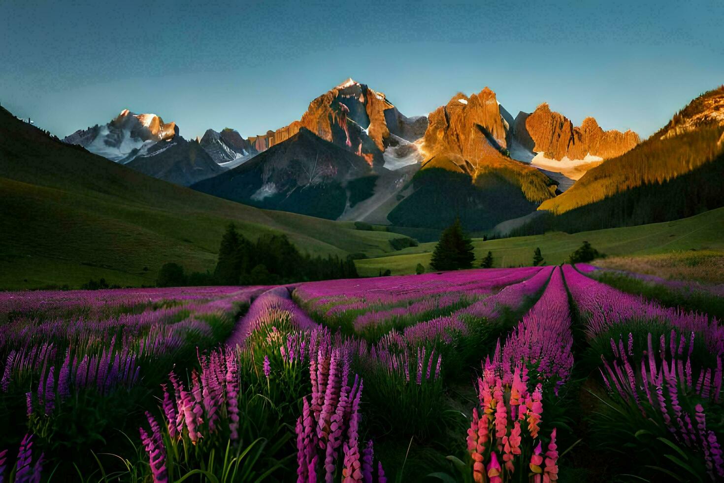 the sun rises over the mountains and flowers in the foreground. AI-Generated photo