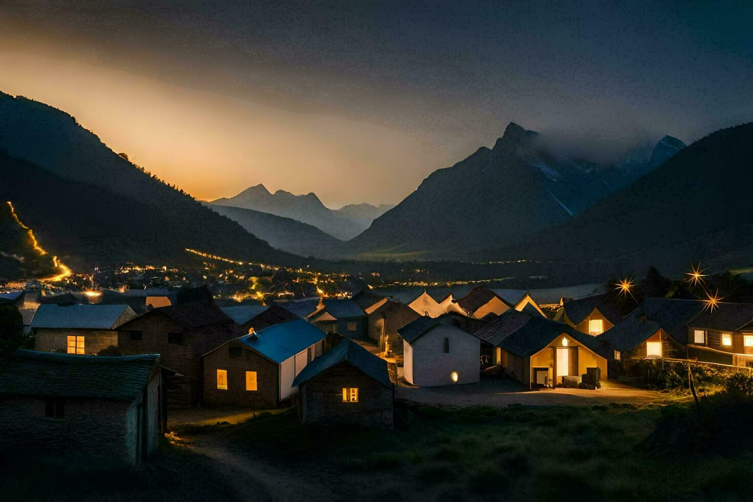a village at night with mountains in the background. AI-Generated photo