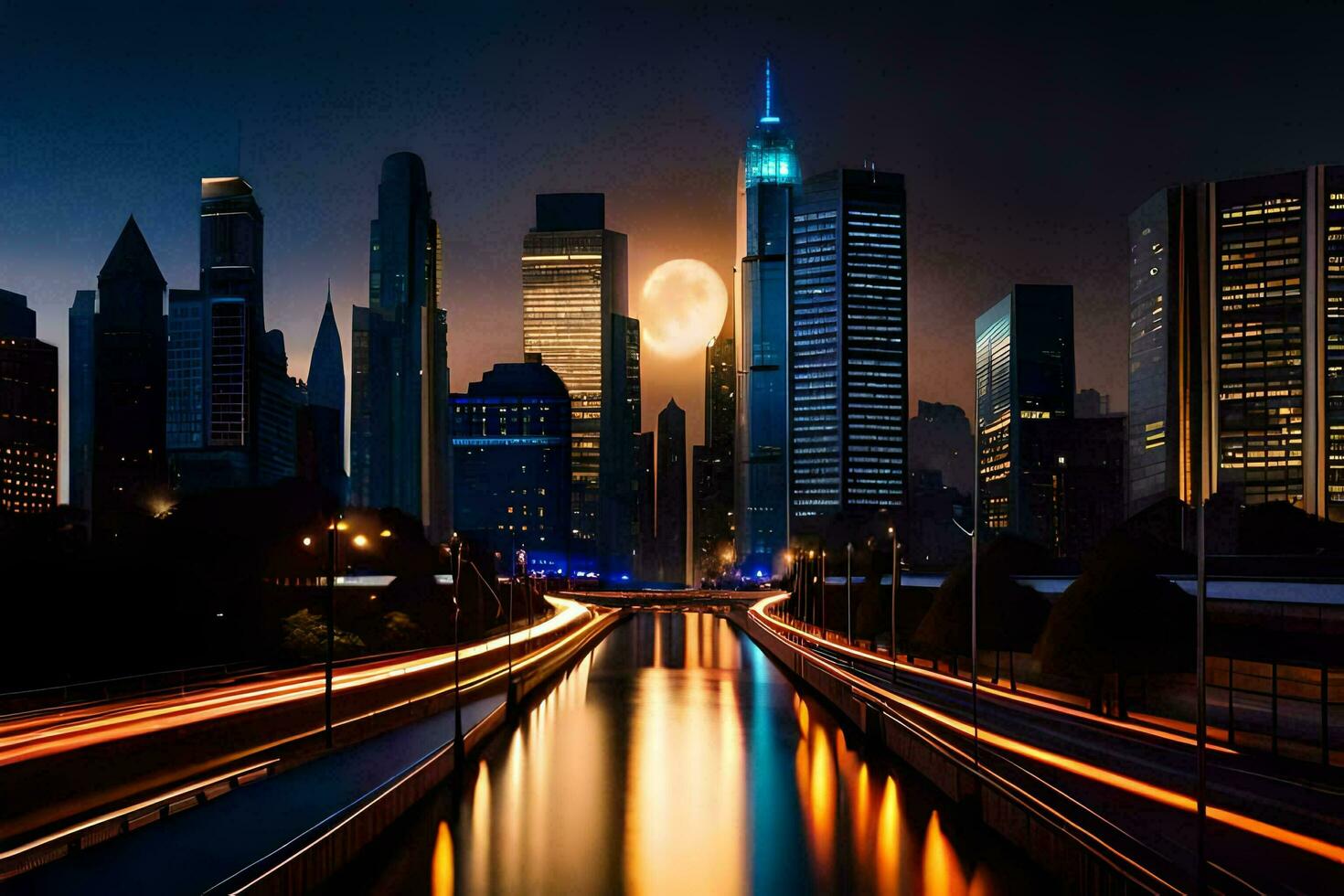 un ciudad horizonte a noche con un lleno Luna. generado por ai foto